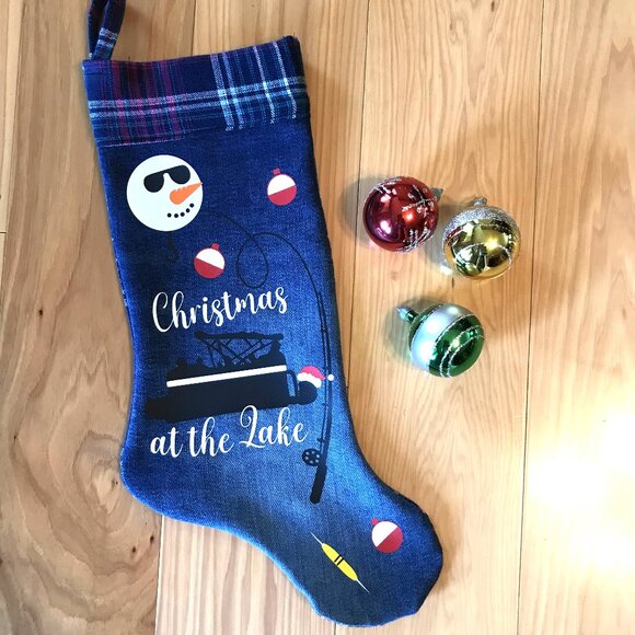 Handmade Denim Christmas Stocking: Lake Cabin Decor, Pontoon Fishing, Size S-M - Picture 2 of 7